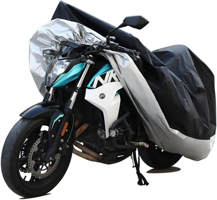 psler غطاء دراجة نارية مقاوم للماء في الهواء الطلق - غطاء دراجة نارية عالمي مقاوم للمطر والثلج مع ثقوب قفل وحقيبة تخزين للدراجات النارية الثقيلة، الموتوسيكلات، دراجات التراب، 96 × 49 × 41 بوصة، XXL - Image 3